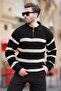 Black Zippered Polo Collar Striped Long Sleeve Sweater 7283