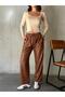 Women's Brown Suede Leather Trousers with Elastic Waist 28081 - 7