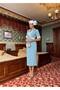Women's Blue Imported Tweed Fabric Checked Lined Brooch Detail Sleeves Pearl Embroidery Design Dress - 4