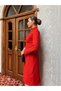 Women's Red Imported Tweed Fabric Pocket and Waist Necklace Detail Lined Special Design Dress - 5