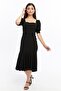 Black Color Crepe Fabric Square Collar Balloon Sleeve Fish Model Midi Length Dress - 3