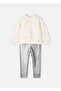 Girl's Sweat Leggings Set Beige-Black 4707