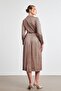 Beige-Navy Blue Shirt Collar Waist Belted Skirt Pleated Patterned Dress - 4