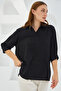 Women's Black Shirt Collar Satin Blouse 0493 - 2
