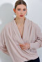 Women's Cream Double Breasted Collar Flowing Satin Blouse 0492