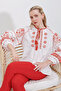 Women's White Orange Embroidered Linen Blouse 902