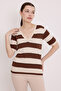 Women's Coffee Cream Striped Short Sleeve Blouse 15869 - 3