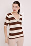 Women's Coffee Cream Striped Short Sleeve Blouse 15869 - 2