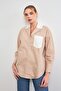Camel V-Neck Pocket Detailed Striped Oversize Shirt - 2