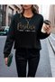 Design Printed Crew Neck Black Women's Oversize Sweatshirt - 3