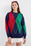 15887 Patterned Oversize Knitwear Sweater - Dark Blue