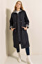 9091 Gathered Waist Hooded Trench Coat - Navy Blue - 5