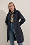 5808 Waist Tied Trench Coat - Navy Blue - 3