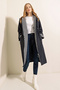 9091 Gathered Waist Hooded Trench Coat - Navy Blue - 2