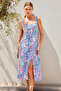 2282 Viscose Dress with Slit and Straps - Blue - 2