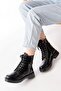 02-356 Black Patent Leather Flat Heeled Lace up Zippered Daily Women's Boots - 5