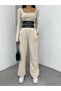 Beige Women's Long Sleeve Crop Blouse and Wide Leg Pants Set with Pockets - Pleated and Beli Band Detail - 4