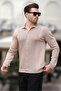 Beige Polo Collar Striped Button Detailed Men's Sweater 7281 - 3