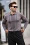 Dark Gray Polo Collar Striped Men's Knitwear Sweater 7265