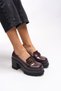 Taryndilwen Women's Buckle Heeled Loafer 00121009 Burgundy Wrinkled Patent Leather