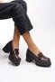 Taryndilwen Women's Buckle Heeled Loafer 00121009 Burgundy Wrinkled Patent Leather - 2