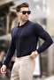 Navy Blue Polo Collar Striped Men's Knitwear Sweater 7265