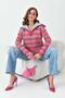 Women's Half Zipper Striped Sweater Fuchsia 20726 - 5