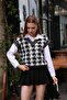 Women's V-Neck Ribbed Edge Sleeveless Houndstooth 100% Silk Shiny 2 Color Sweater