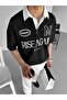 Men's Oversize Fit Flexible 3-Button Polo Collar Embroidered T-Shirt Black - 2