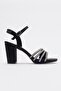 Women's Cross Pile Stone Heeled Shoes Black Satin - 2