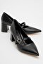 Women's Belted Stone Heeled Shoes Black Leather