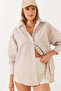 Women's Beige Metallic Thread Striped Shirt Mbms021 60501021