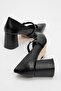 Women's Belted Stone Heeled Shoes Black Leather - 4