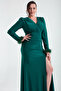 Women's Emerald Green Double Breasted Collar Sleeves Feather Slit Plus Size Evening Dress - 3