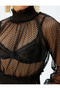 Crop Tulle Transparent Blouse Long Sleeve Stand Collar Cuffs and Elastic Waistband - 5