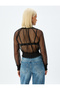 Crop Tulle Transparent Blouse Long Sleeve Stand Collar Cuffs and Elastic Waistband - 4