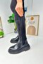 Daily Black Women's Boots Thick Serrated Sole Diving Fabric Flexible Below the Knee Zippered Oval Toe 365 - 6