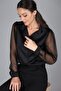 Women's Black Satin Tulle Sleeved Evening Shirt