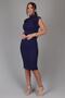 Women's Navy Blue High-Neck Dress with Pleated Detail on the Front - 3