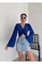 V-Neck Front Bottom Side Twist Detailed Long Spanish Sleeve Sandy Fabric Crop Blouse - 3