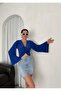 V-Neck Front Bottom Side Twist Detailed Long Spanish Sleeve Sandy Fabric Crop Blouse - 5