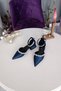 Navy Blue Satin Ankle Strap 2.5 cm Heeled Classic Ballerina Women's Shoes with Double Waterway Stones - 2