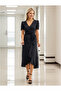   Women's Double Breasted Collar Midi Length Belted Crepe Dress 120 Cm - 3