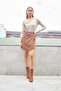 Women's Patterned Knitwear V-Neck Low-Shoulder Long Sleeve Blouse with Slits on the Sides - Beige