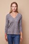 Women's Patterned Knitwear V-Neck Side Slits Off Shoulder Long Sleeve Blouse-Grey - 2