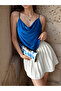 Women's Blue Rope Strap Degaje Collar Stylish Blouse - 2