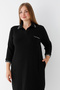 Black Three Quarter Sleeve Patterned Polo Collar Piping Detailed Women's Jacquard Large Size Dress - 5