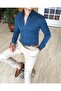 Italian Style Slim Fit Mock Neck Satin Men's Shirt Navy Blue T4752