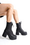 Women's Black Long Boots with Side Zipper, Lace-Up, High Sole, Front Belt Detail