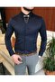 Italian Cut Slim Fit Men's Satin Chain Shirt Navy T4802